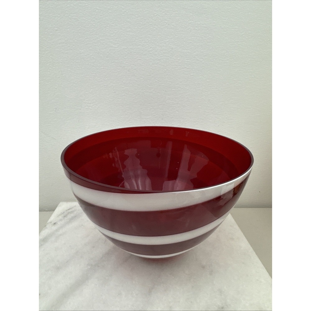 Hand Blown Red And White Swirl Satin Glass Bowl